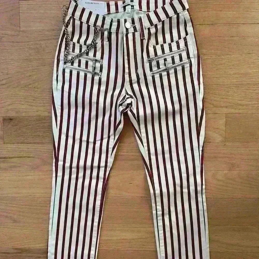 NWT We Wore What Rocker Low Rise Stripe Jeans Chains Zippers Size 24